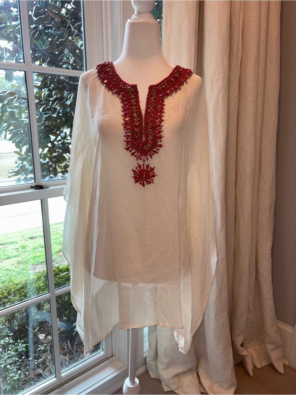 Ivory Tunic Top with Red Beaded Embroidered Neckline